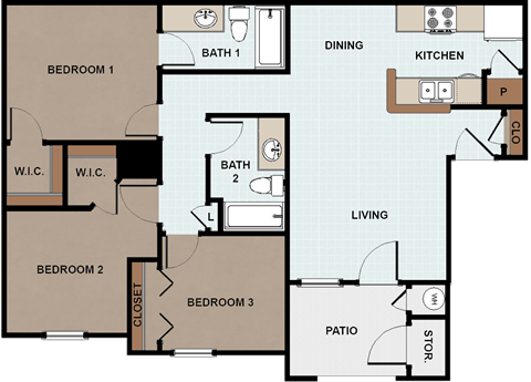 Three Bedroom Floor Plan at Cable Ranch Affordable Apartments in San Antonio TX